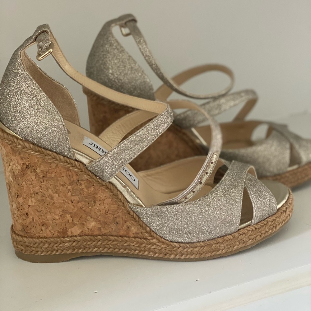 Jimmy Choo Alanah 105 fine glitter cork wedge sandals